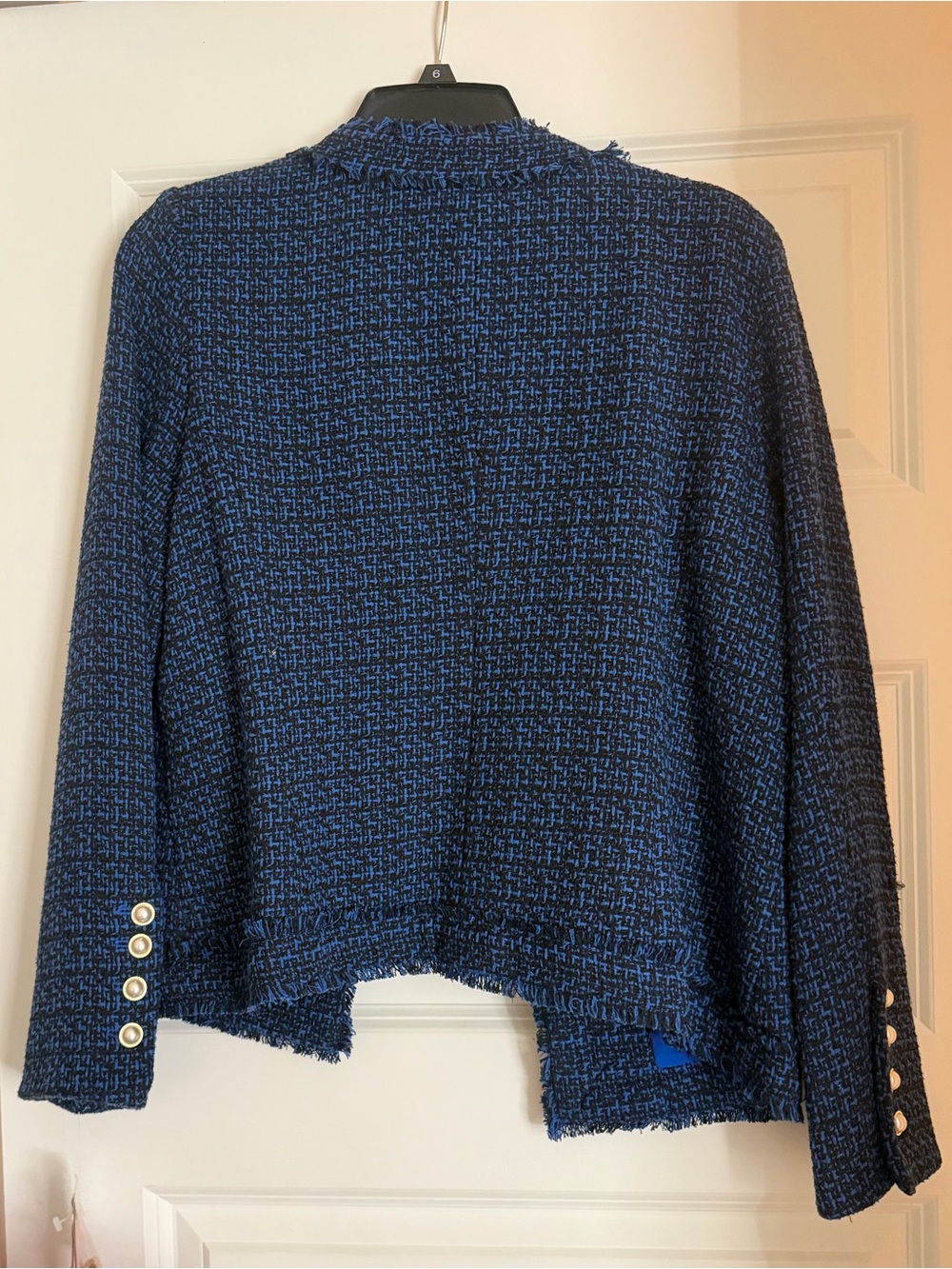 Nannette Navy and Black Tweed Frayed Hem Blazer